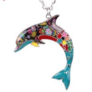 Colorful Dolphin Necklace Women's Enamel Floral Boho Statement Ocean 20"‎ New